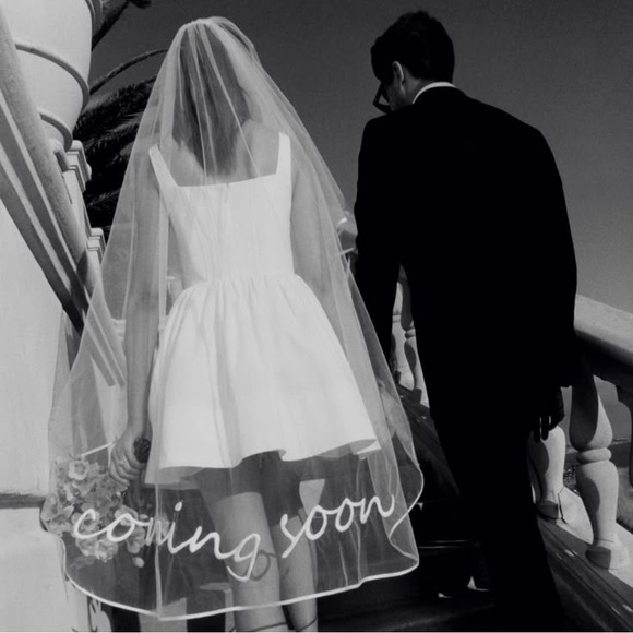 Staud White Bridal Veil with 'Coming Soon' Text